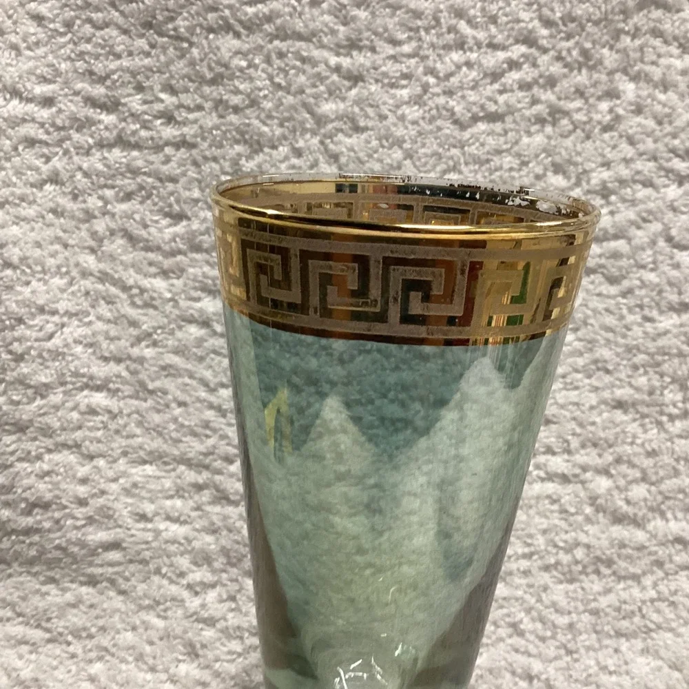 I Preziosi Italy Green Glass Flute 24K Gold Greek Key Handmade Vintage 7in